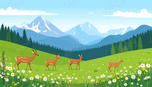 A family of four brown spotted deer with antlers walking in a line, a flat vector illustration.
