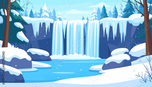 A beautiful winter landscape illustration featuring a frozen waterfall, snow-covered pine trees, and a tranquil blue river.