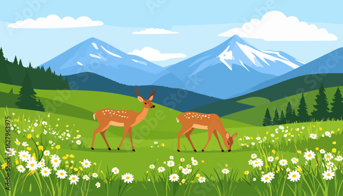 Two brown spotted deer, a buck with antlers and a doe, in a flat vector illustration style.
