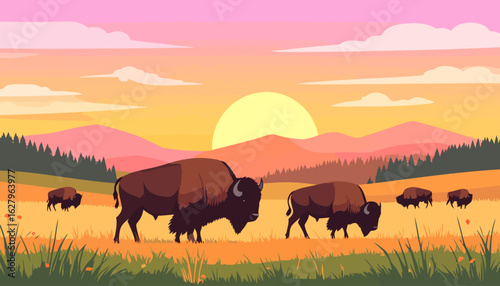 Herd of brown American bison with shaggy fur and curved horns in a flat vector illustration style.