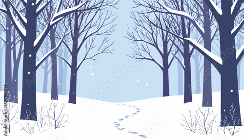 A tranquil winter forest landscape with snow-covered bare trees and footprints.