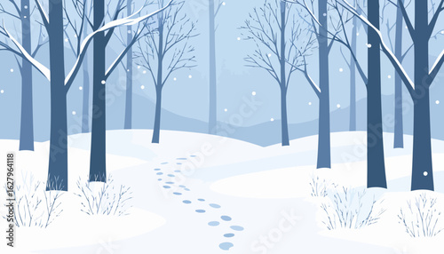 A tranquil winter woodland scene with a snowy path winding through bare, blue-toned trees.