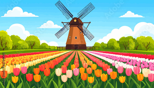 Classic Dutch landscape with a brown windmill and vibrant rows of colorful tulips.