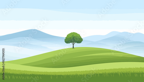 Peaceful minimalist landscape illustration of a single tree on a vibrant green hill with misty mountains.