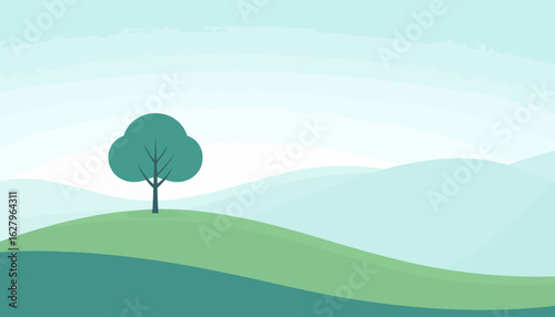 A solitary stylized tree on rolling green hills in a minimalist flat design landscape.