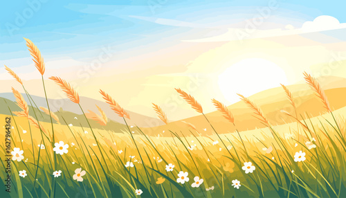 Sun-drenched field illustration with golden wheat, green grass, and delicate white wildflowers.