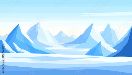 A stylized, geometric arctic landscape featuring sharp, blue and white icy mountain peaks over a vast, snowy plain in a flat vector art style.