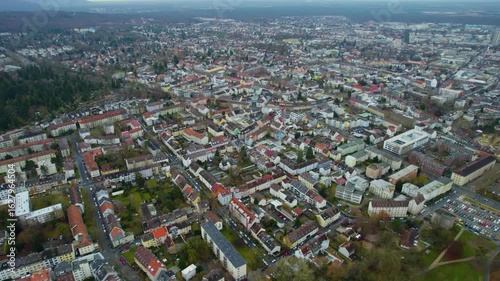 Aerial view of the city Darmstadt in Germany. on a cloudy day in autumn	