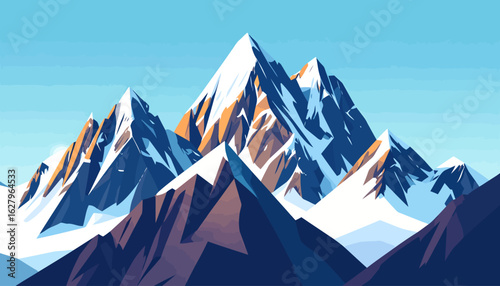 Stylized illustration of a rugged mountain range with sharp, snow-capped peaks and angular shadows.