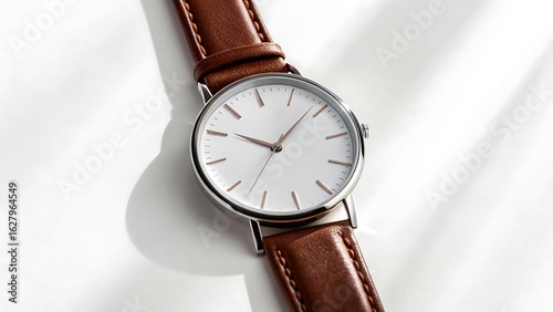 Wallpaper Mural Minimalist silver watch with white face and brown leather strap image Torontodigital.ca