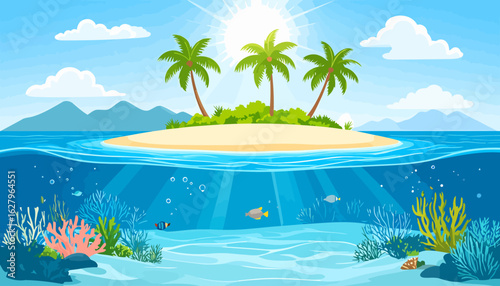 Split-view illustration of a sunny tropical island with palm trees and a vibrant underwater coral reef.