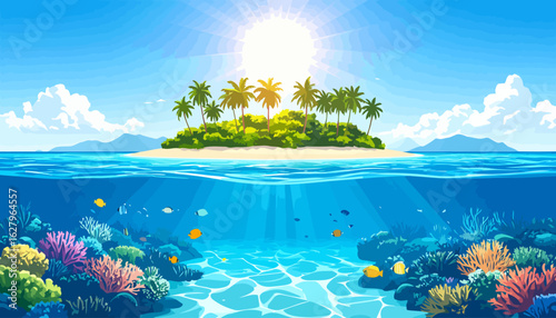 Split-view of a sunny tropical island and vibrant underwater coral reef with colorful fish.