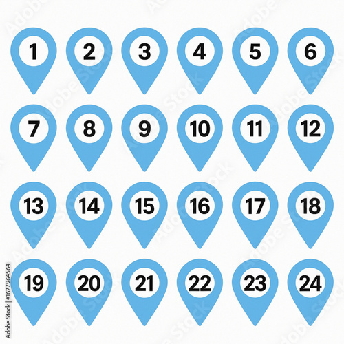 Location pin icons with number. Map marker symbol set with 1 to 24 numbers. vector illustration.