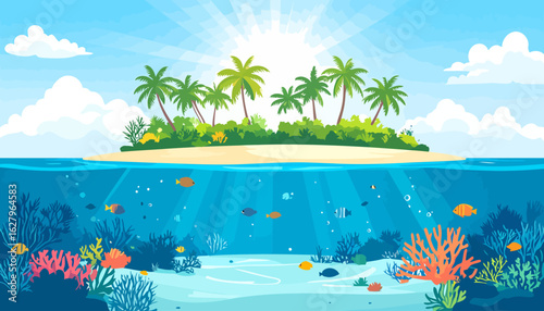 Split-view illustration of a sunny tropical island with palm trees and a vibrant underwater ocean scene.