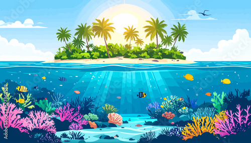 Split-view illustration of a sunny tropical island with palm trees and a vibrant underwater coral reef with colorful fish.