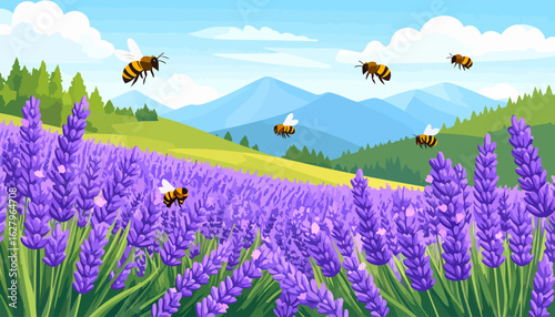 Cartoon honeybees flying over a vibrant purple lavender field in a scenic mountain landscape.