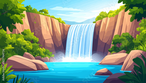 Stylized cartoon waterfall cascading down rocky cliffs into a serene blue lagoon, surrounded by lush green jungle foliage and rocks.