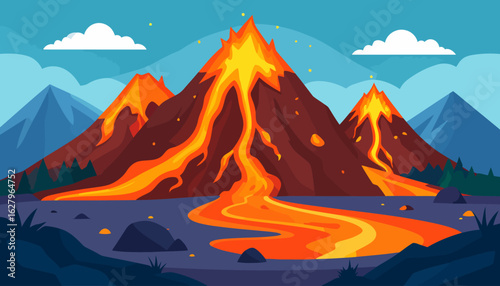 Stylized volcanic landscape featuring an erupting mountain with fiery orange lava flowing down its slopes.