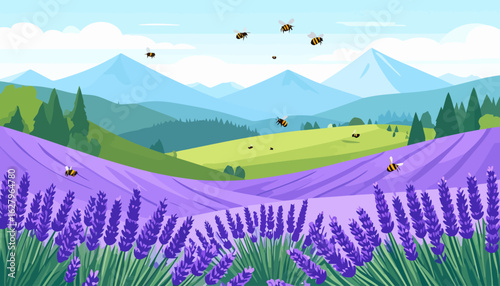 A vibrant, stylized illustration of busy honeybees flying over a rolling field of blooming purple lavender.