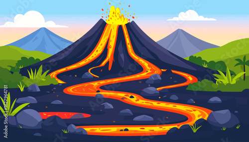 Vibrant cartoon illustration of an active volcano erupting with fiery orange lava streams flowing down its dark, rocky slopes.
