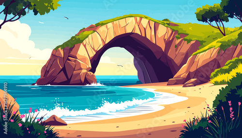 Sunlit coastal landscape illustration with a massive rock arch over a sandy beach.