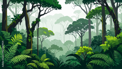 Lush Green Jungle Illustration with Layered Trees and Misty Atmosphere
