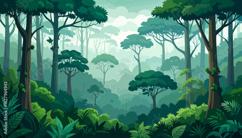 A serene, layered illustration of a dense green forest with a misty, atmospheric perspective.
