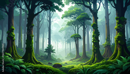 Lush green forest illustration with ancient mossy trees and misty morning light.
