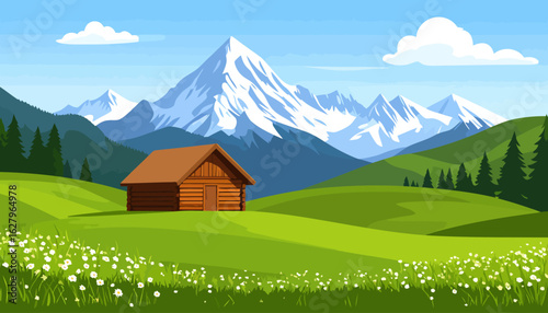 Picturesque summer landscape with a log cabin nestled in green hills before majestic snow-covered mountains.