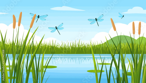 A serene pond landscape illustration with blue dragonflies flying over calm water, surrounded by green reeds and cattails.