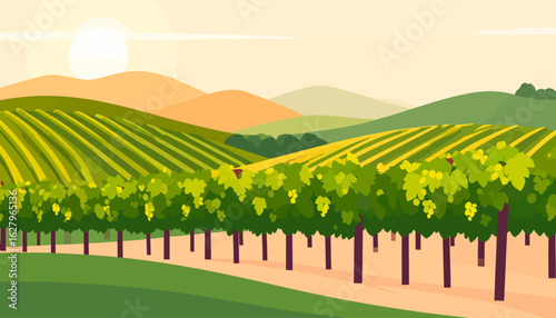 A stylized vineyard landscape with lush green grapevines in neat rows covering rolling, sunlit hills.