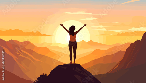 Dark silhouette of a woman with wavy hair, her arms raised in a triumphant V-pose.