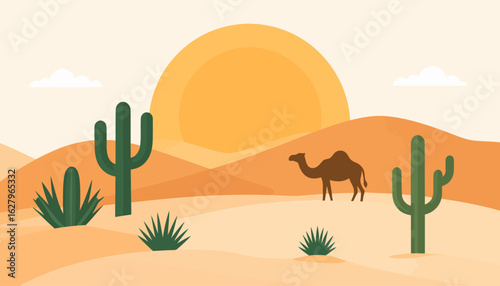 Minimalist desert landscape illustration with a camel, green cacti, and a large orange sun over rolling sand dunes.