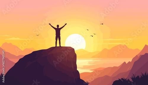 Victorious silhouette of a person on a mountain summit, arms raised in success at sunrise.