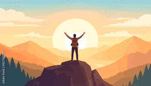 Rear view of a triumphant hiker silhouette with a brown backpack, celebrating with arms raised high.