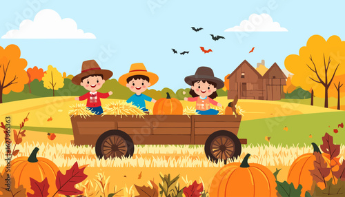 Three happy children wearing farmer hats enjoy a hayride in a wooden wagon filled with hay and a pumpkin.