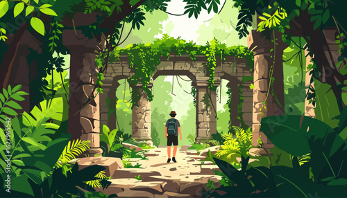 Rear view of a young hiker with a backpack discovering ancient stone arches.
