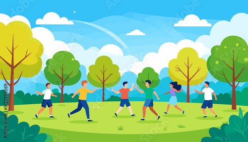 A diverse group of six young friends in colorful casual wear, actively running and playing together.