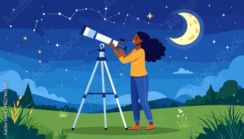 Smiling woman with long wavy hair and yellow shirt looking through a telescope on a tripod.