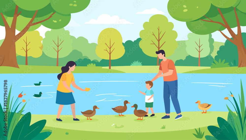 Fototapeta premium A young family, including a mother, father, and son, happily feeding ducks by a tranquil pond.