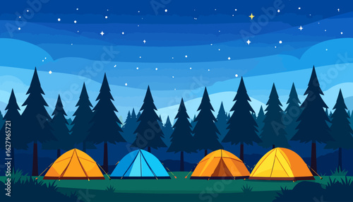 A row of colorful dome tents in a forest clearing under a beautiful starry night sky.