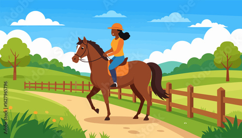 Smiling dark-skinned woman in an orange hat and shirt riding a majestic brown horse.