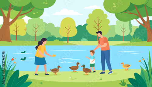 A young family, including a mother, father, and son, happily feeding ducks by a tranquil pond.