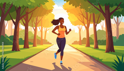 Happy African American woman in athletic wear jogging with a joyful expression and a ponytail hairstyle.