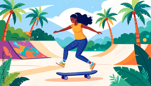 A joyful woman with long wavy black hair in a yellow shirt and blue pants, actively skateboarding with arms out for balance.