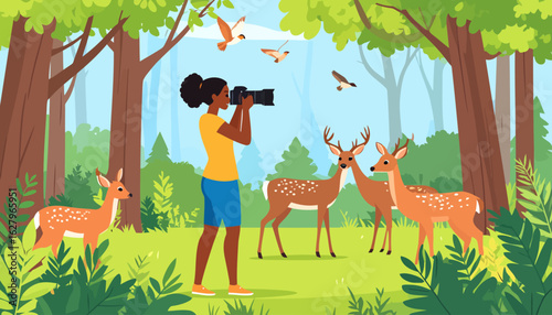 Female wildlife photographer with a camera capturing a family of deer in a vibrant, sunlit forest.