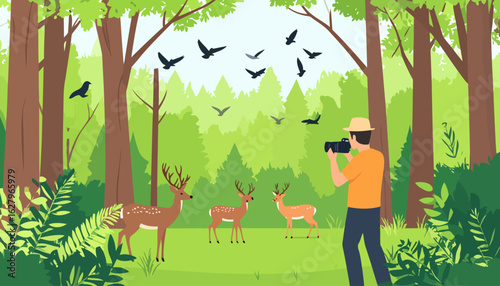 Wildlife photographer with a camera capturing a family of deer in a lush green forest.