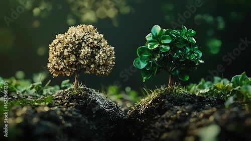 Two miniature trees, one golden-brown, one vibrant green, stand on separate mounds of dark soil in a natural setting