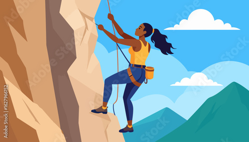 Determined woman of color with a ponytail, wearing a yellow tank top and blue leggings, rock climbing with a harness and rope.