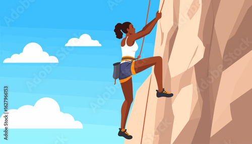 Athletic woman of color with a ponytail, wearing a harness and chalk bag, rock climbing up a steep cliff.
